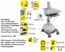 Two Rechargeable Batteries support Hospital HealthCare Mobile Trolley for laptop / computer workstation cart